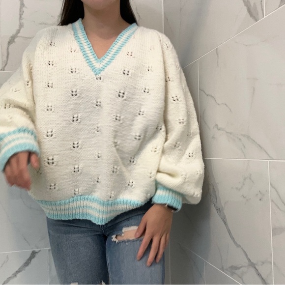 Hand Knit Oversized White Vneck Varsity Style Sweater - Picture 3 of 7